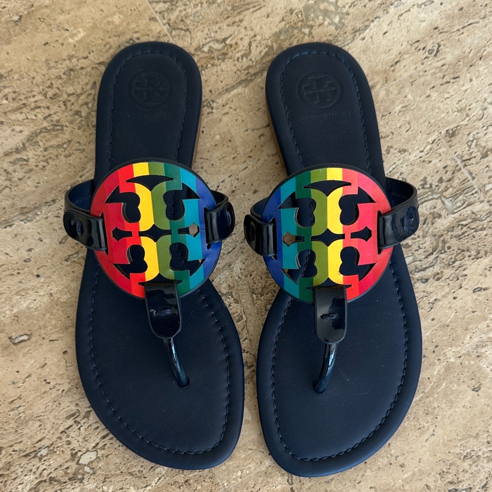 Tory Burch Black Sandals with Colorful Logo